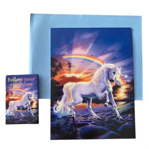 RAINBOW UNICORN Steve Read VTG Greeting Card & Magnet Leanin Tree Combo Pack NOS